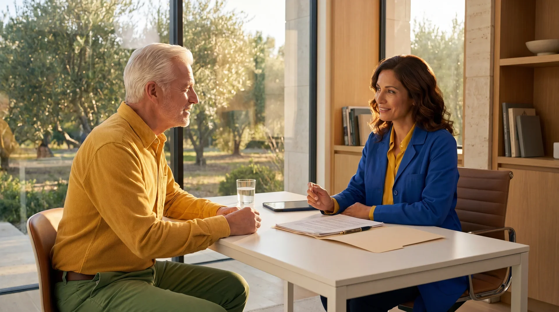 A consultation in a sunlit room