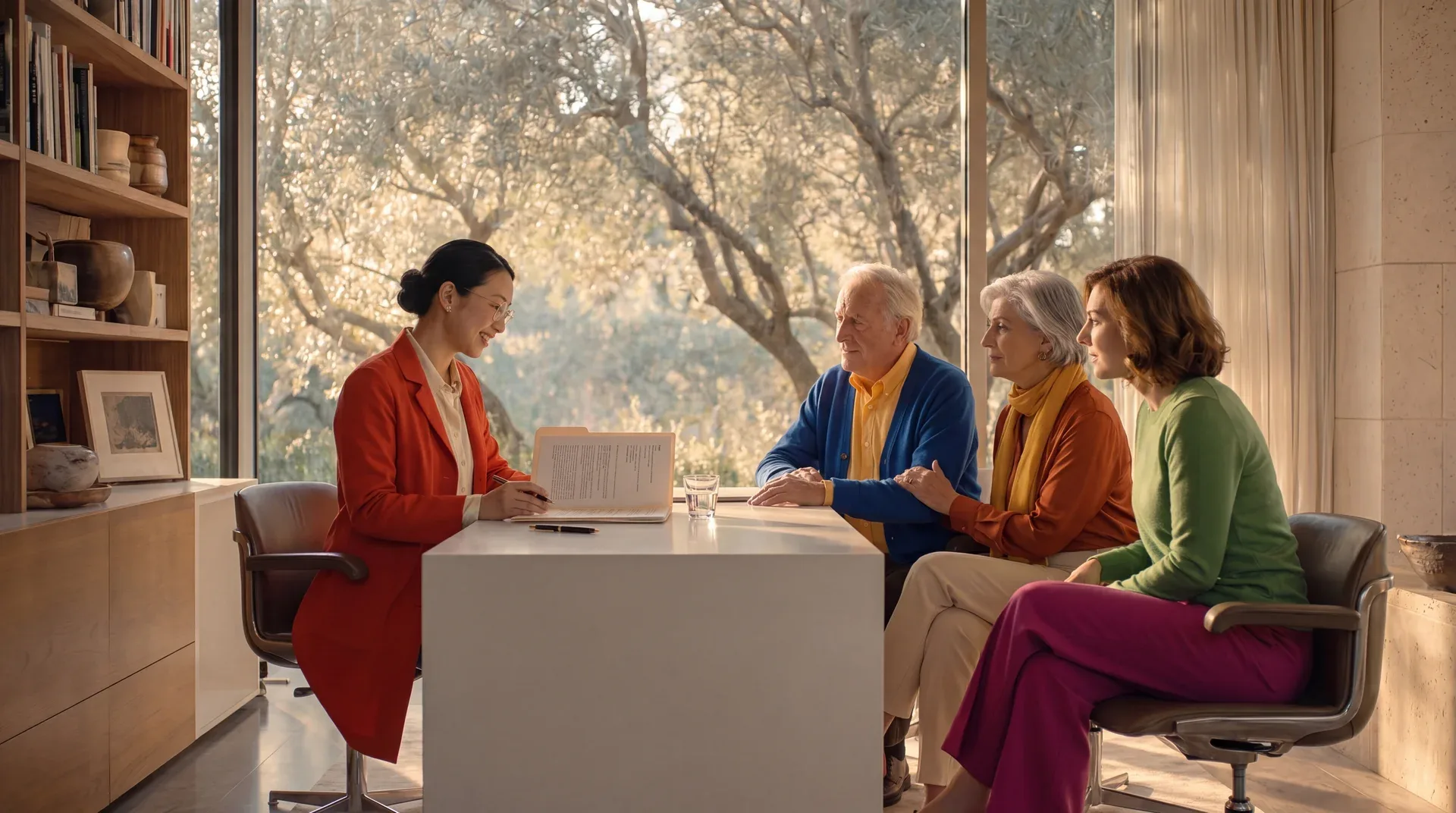 A Mindspan clinician meeting with a patient and family members in a sunlit consultation room.