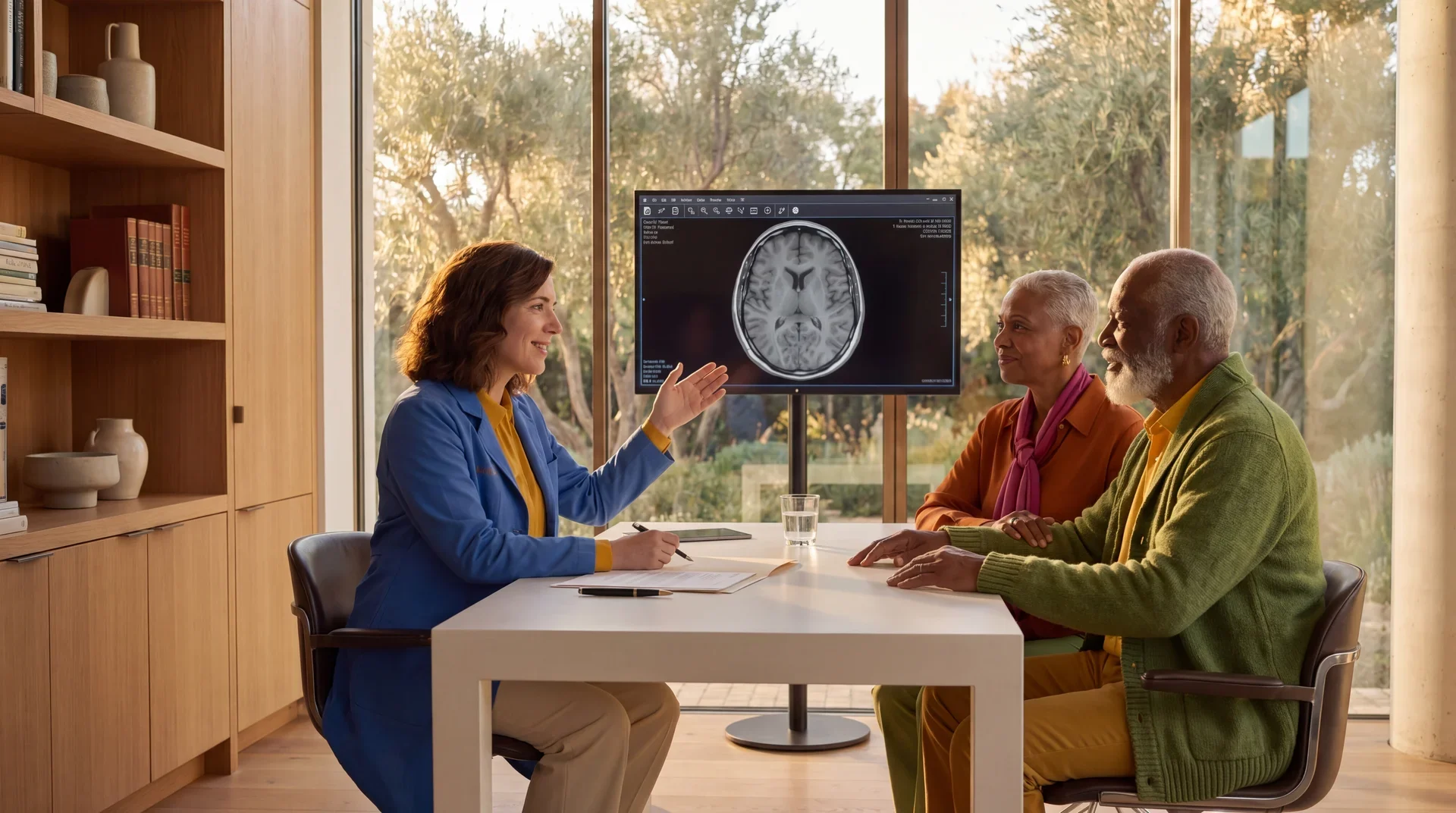 A Mindspan neurologist reviewing brain imaging with a couple in clinic